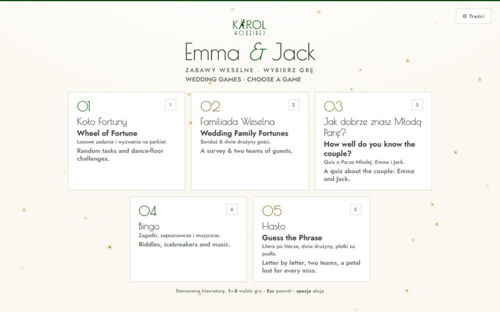 Wedding games menu shown on the venue screen