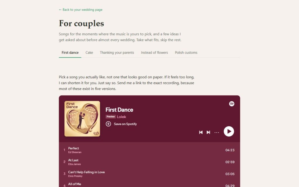 Ideas page for couples with first dance playlists